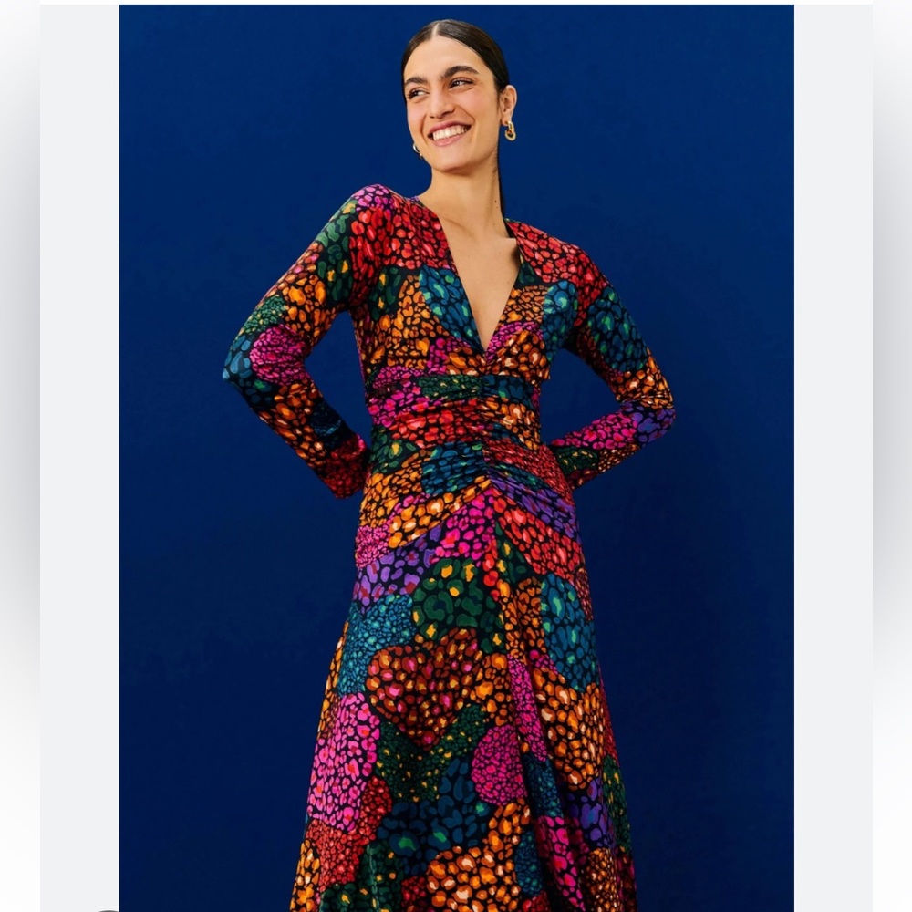 NEW NWT Farm Rio Rainbow hearts rushed long sleeve midi dress size M